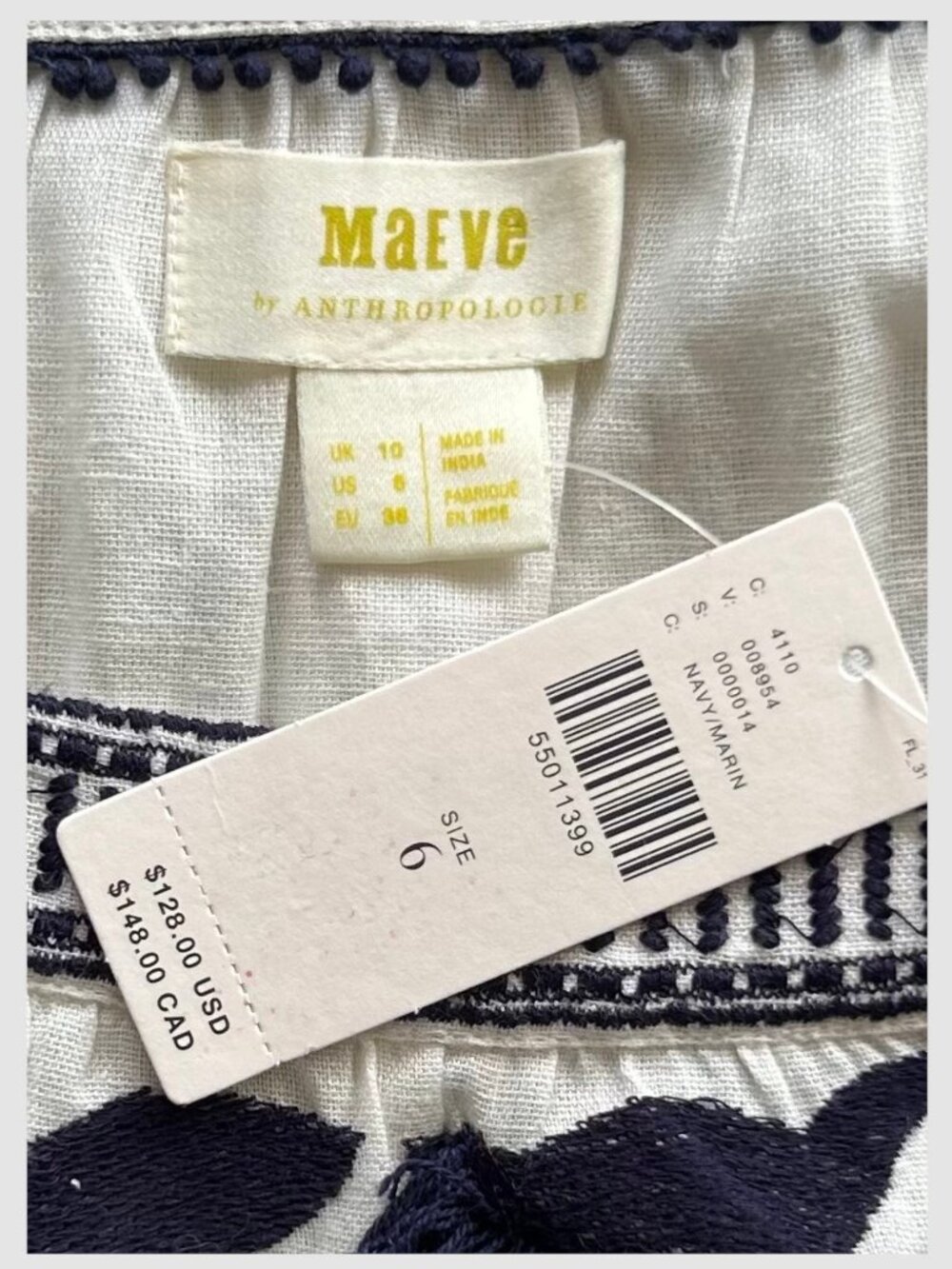 Anthropologie Maeve Liyah Blouse Navy Blue White Embroidered Square Neck S 6 - Picture 9 of 9